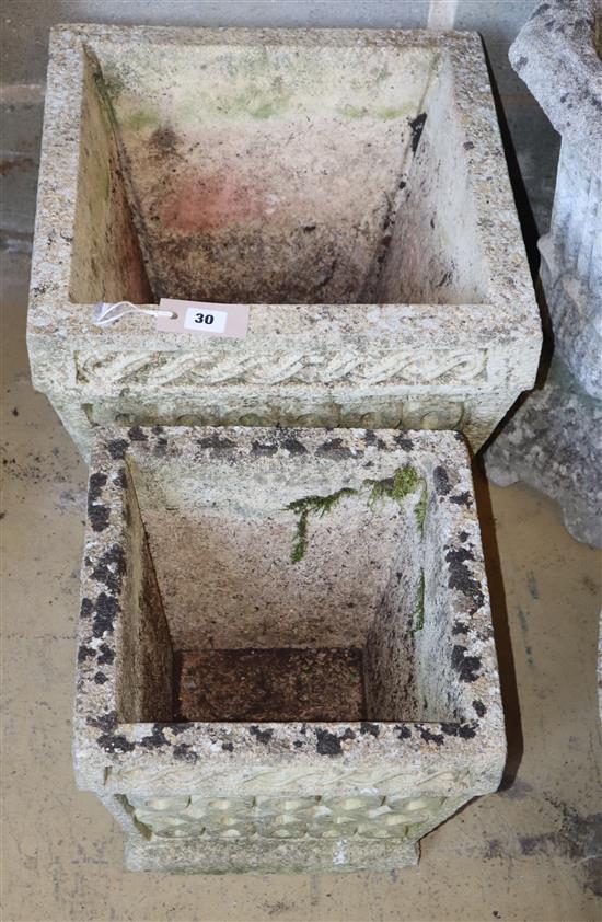 A graduated pair of square garden planters, larger W.40cm, H.34cm